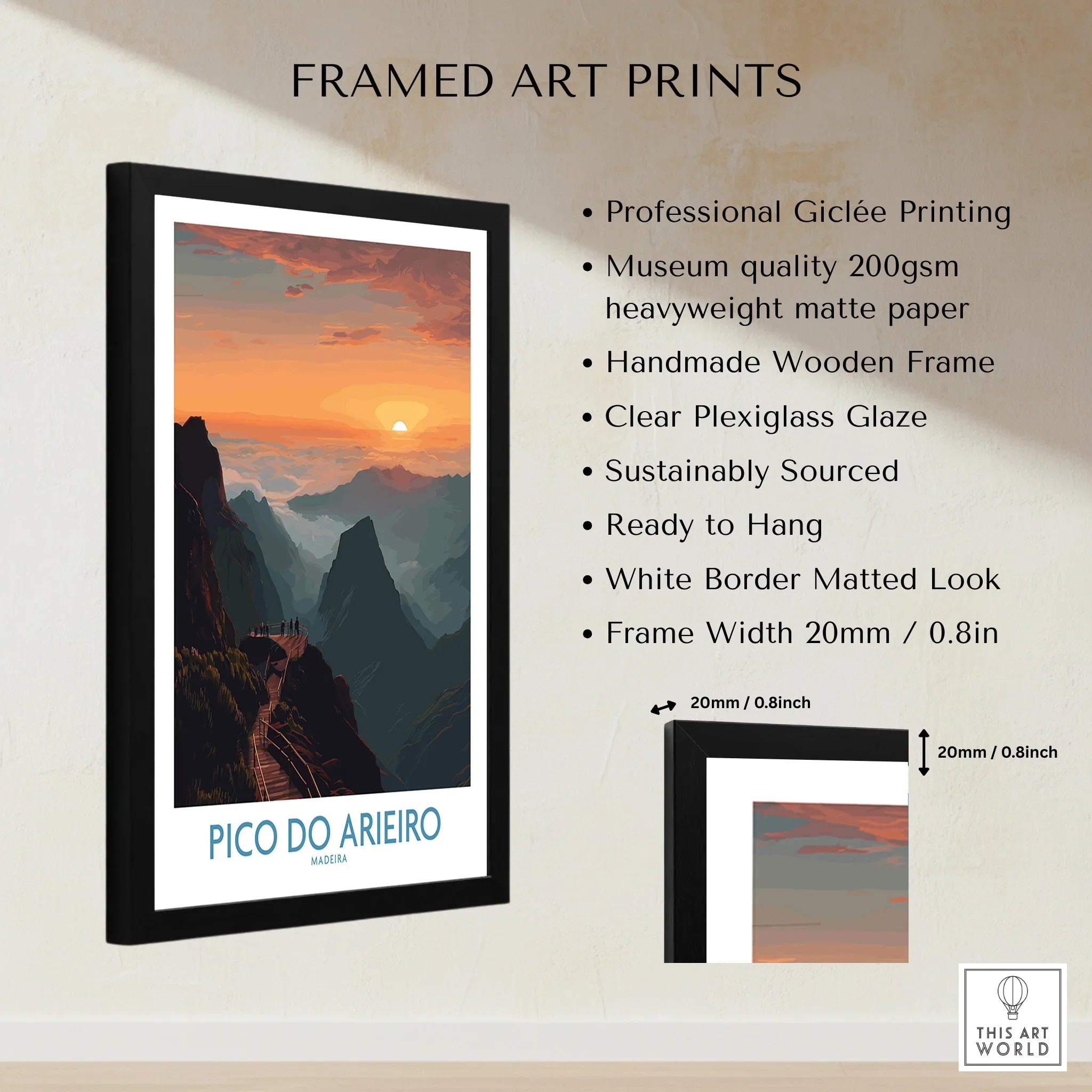 Framed travel art print of Pico do Arieiro Madeira at sunset, gallery wall decor details