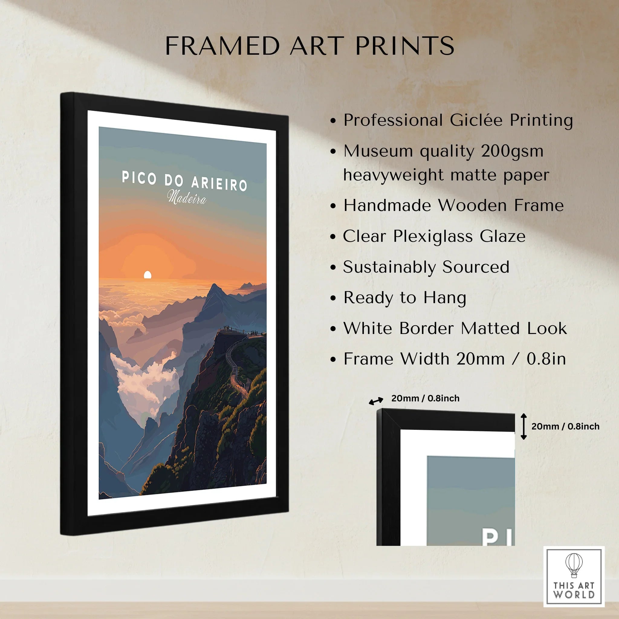 Framed Pico do Arieiro Madeira print, sunset mountain landscape wall art, quality details