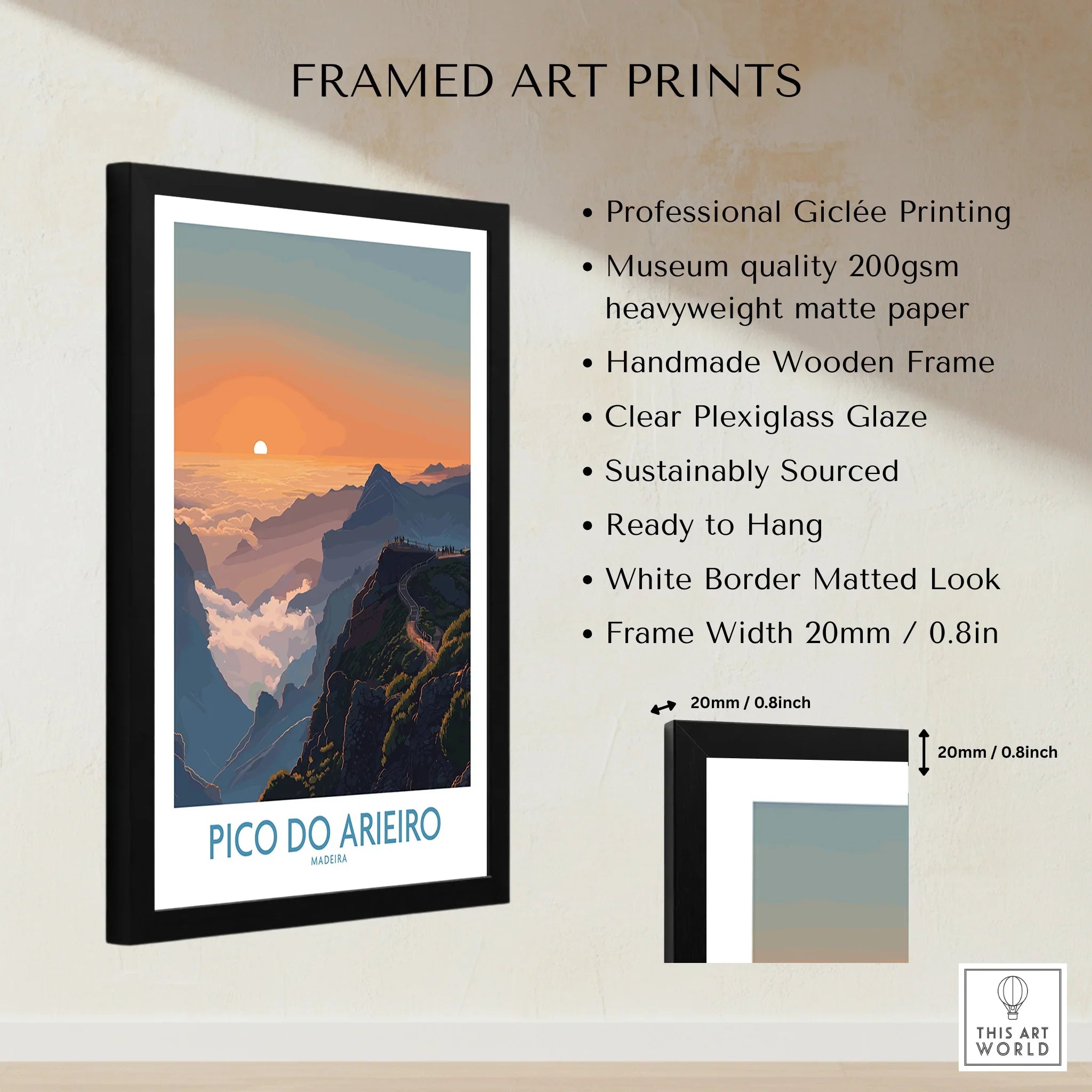 Framed Pico do Arieiro Madeira travel poster print with mountain landscape and sunrise.