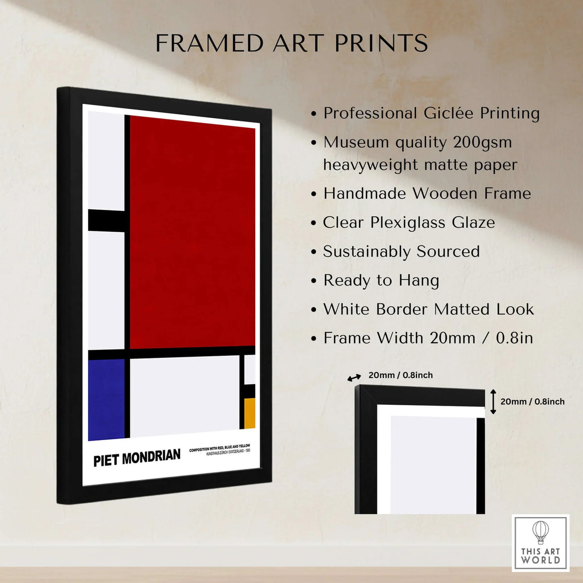 Piet Mondrian Composition Red Blue Yellow 1930 Abstract Art Print Poster Geometric framed art print details.
