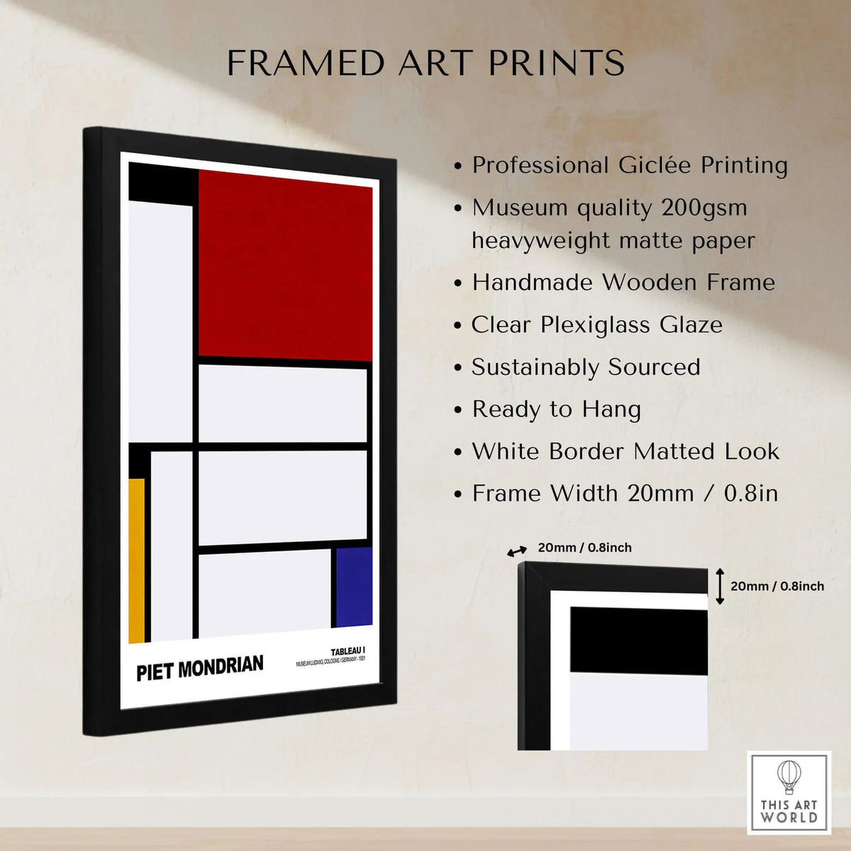Piet Mondrian Tableau I 1921 De Stijl Abstract Geometric Poster Modern Art Print in a framed design with specs.