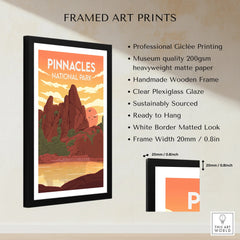 Framed Pinnacles National Park art print with black frame, white border, and quality details listed.