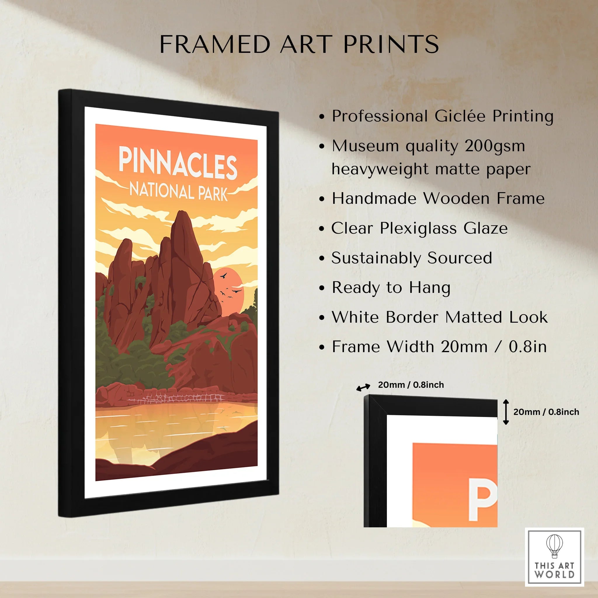 Framed Pinnacles National Park art print with black frame, white border, and quality details listed.