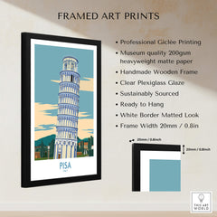 Pisa Wall Art Print | Italy Travel Poster featuring the leaning tower in a framed Giclée quality design.