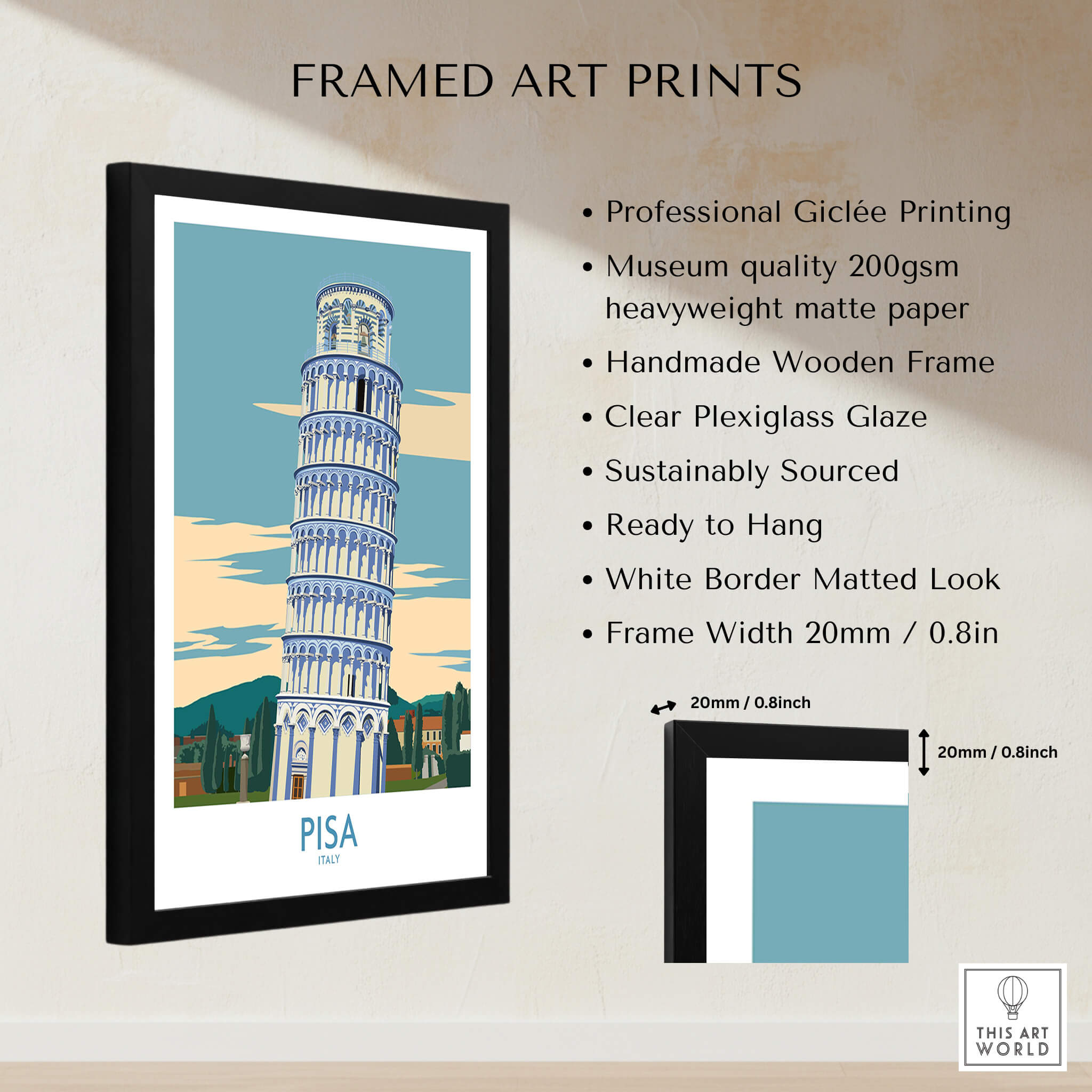 Pisa Wall Art Print | Italy Travel Poster featuring the leaning tower in a framed Giclée quality design.