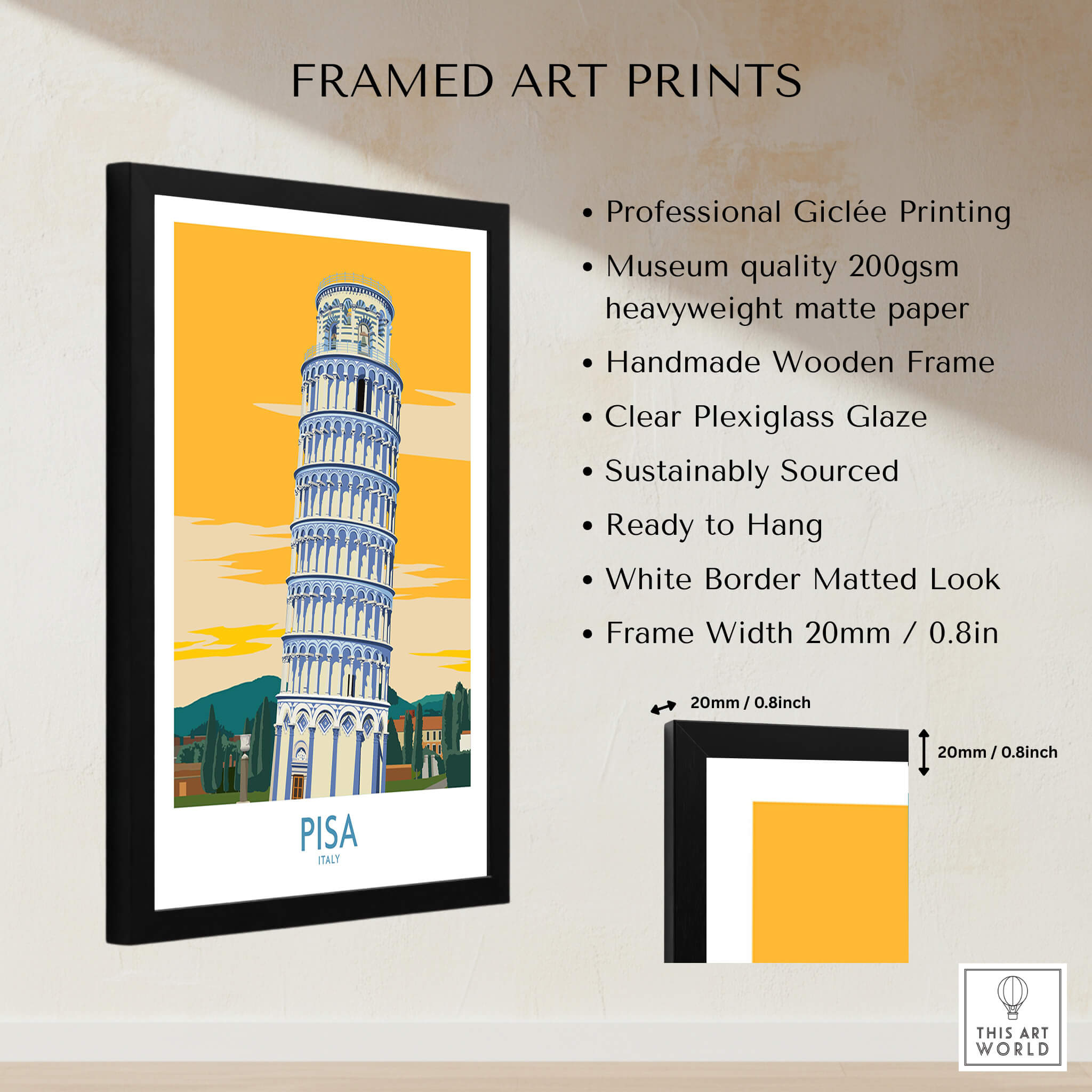 Pisa Tower Italy Print framed art showcasing Tuscany's iconic landmark with professional Giclée quality.