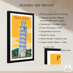 Pisa Tower Print Poster Italy Wall Art framed with clear plexiglass, showcasing vibrant colors and vintage design.