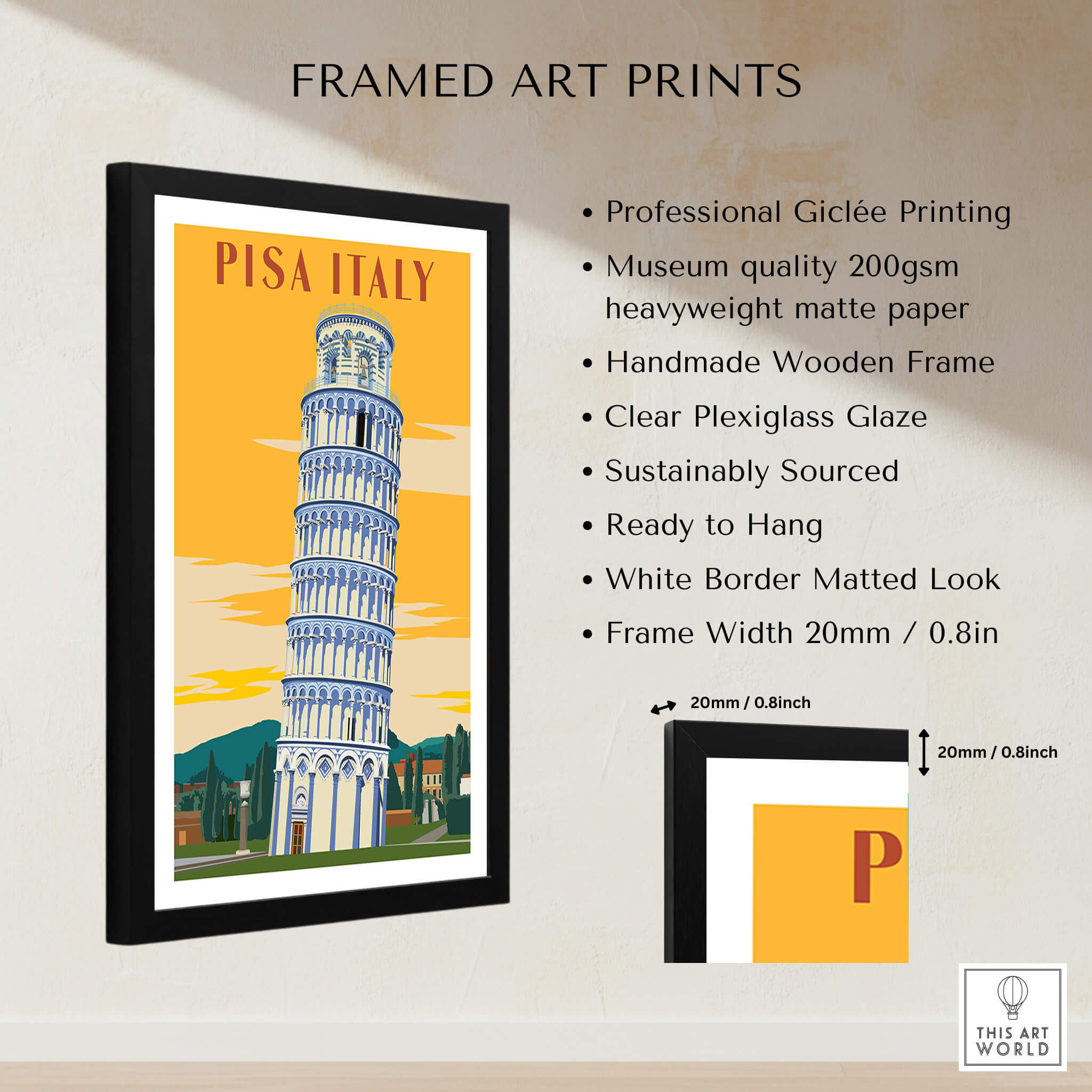 Pisa Tower Print Poster Italy Wall Art framed with clear plexiglass, showcasing vibrant colors and vintage design.