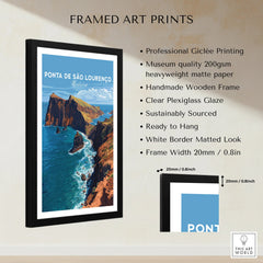 Framed travel art print of Ponta de São Lourenço cliffs with blue ocean, black frame, and white mat