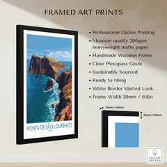 Framed Ponta de São Lourenço Madeira travel print with ocean cliffs, black frame, and white mat