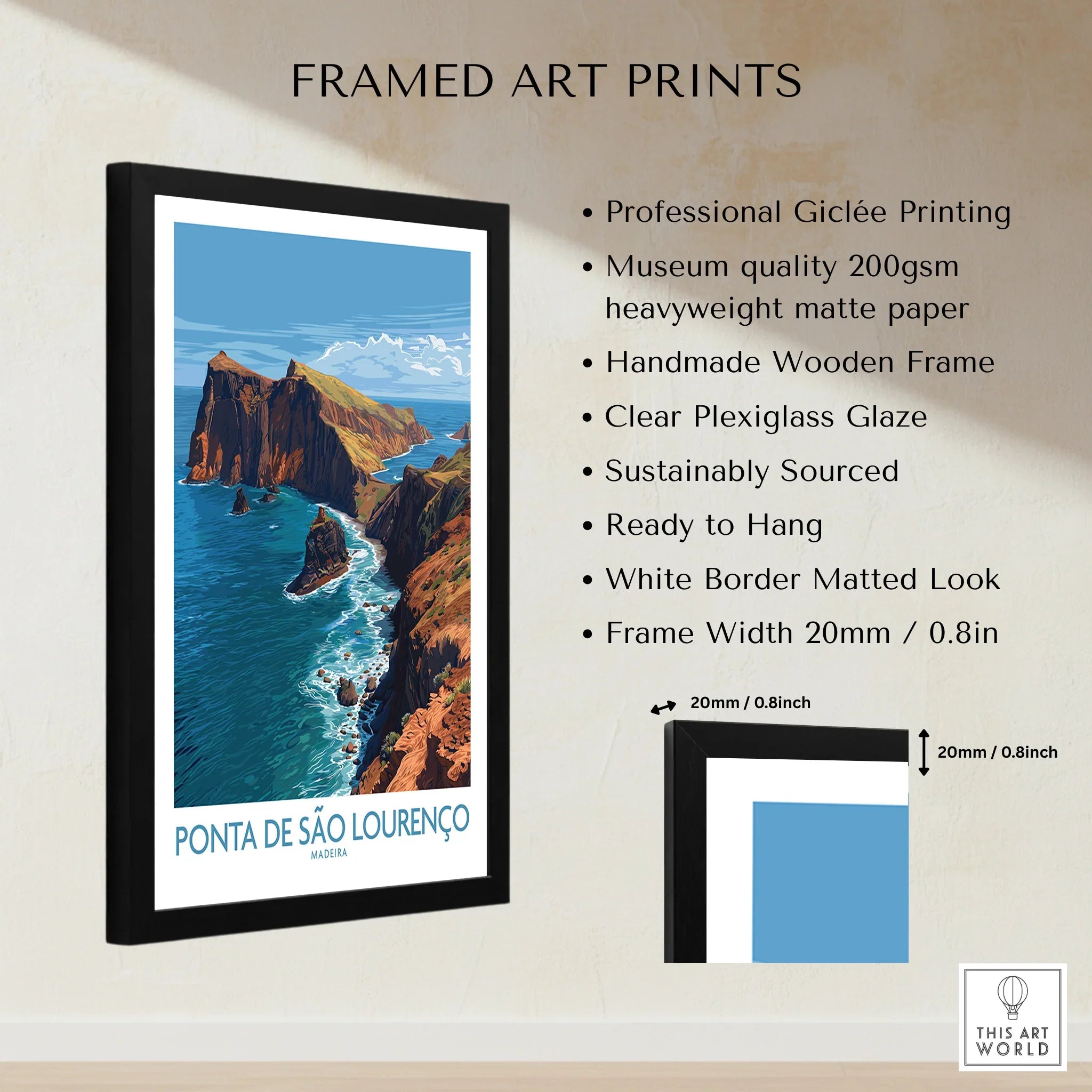Framed Ponta de São Lourenço Madeira travel print with ocean cliffs, black frame, and white mat