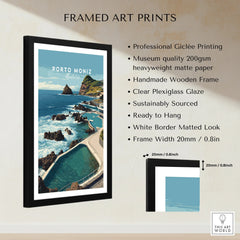 Framed Porto Moniz Madeira travel poster with ocean view, black frame, print details