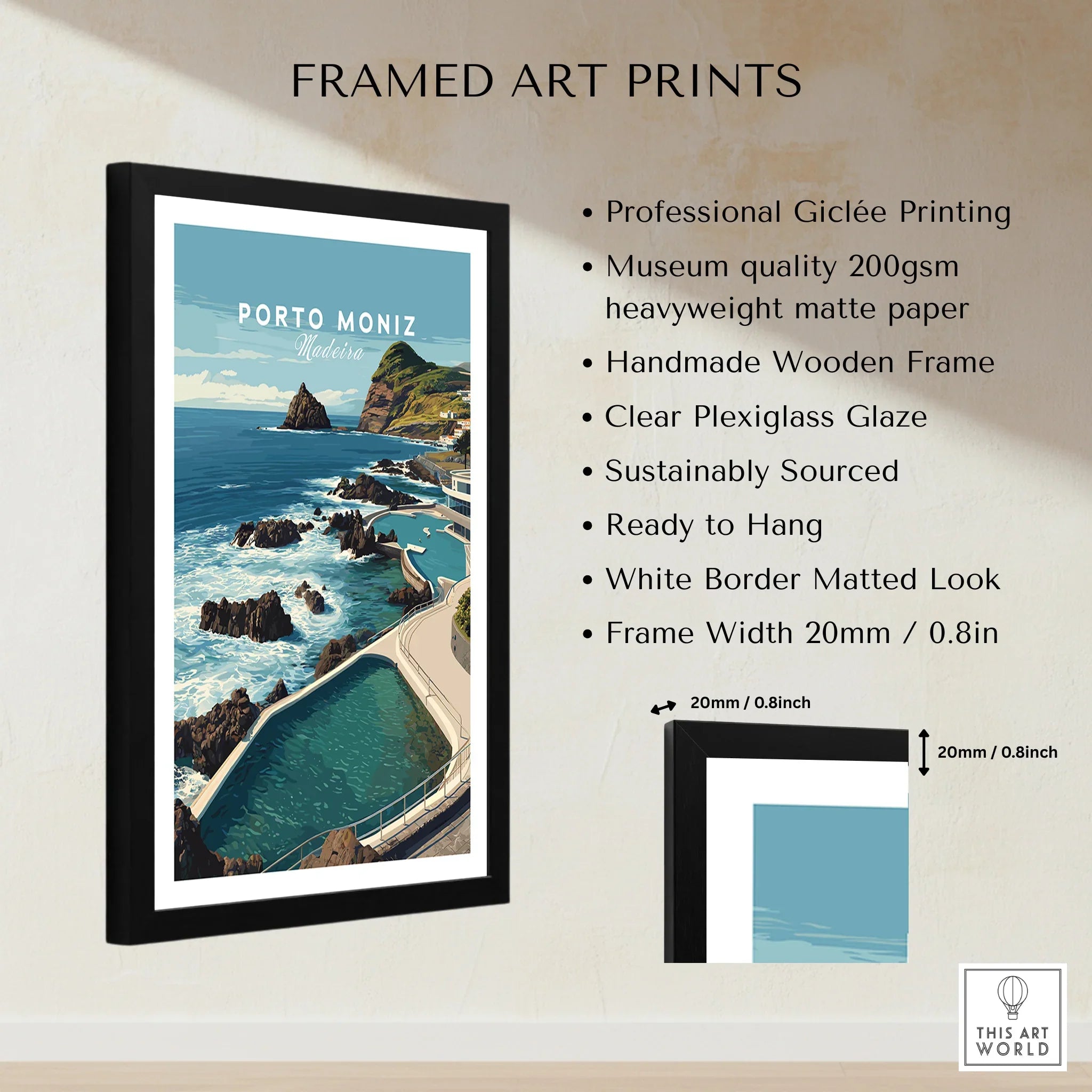 Framed Porto Moniz Madeira travel poster with ocean view, black frame, print details