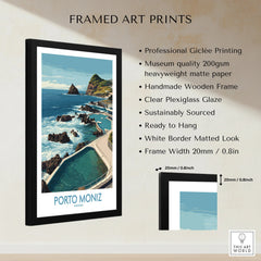 Framed Porto Moniz Madeira travel poster print on wall with print and frame details listed