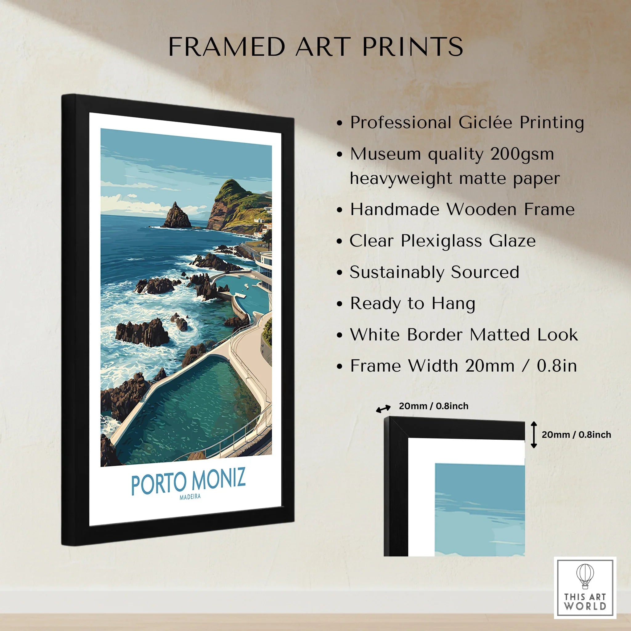 Framed Porto Moniz Madeira travel poster print on wall with print and frame details listed