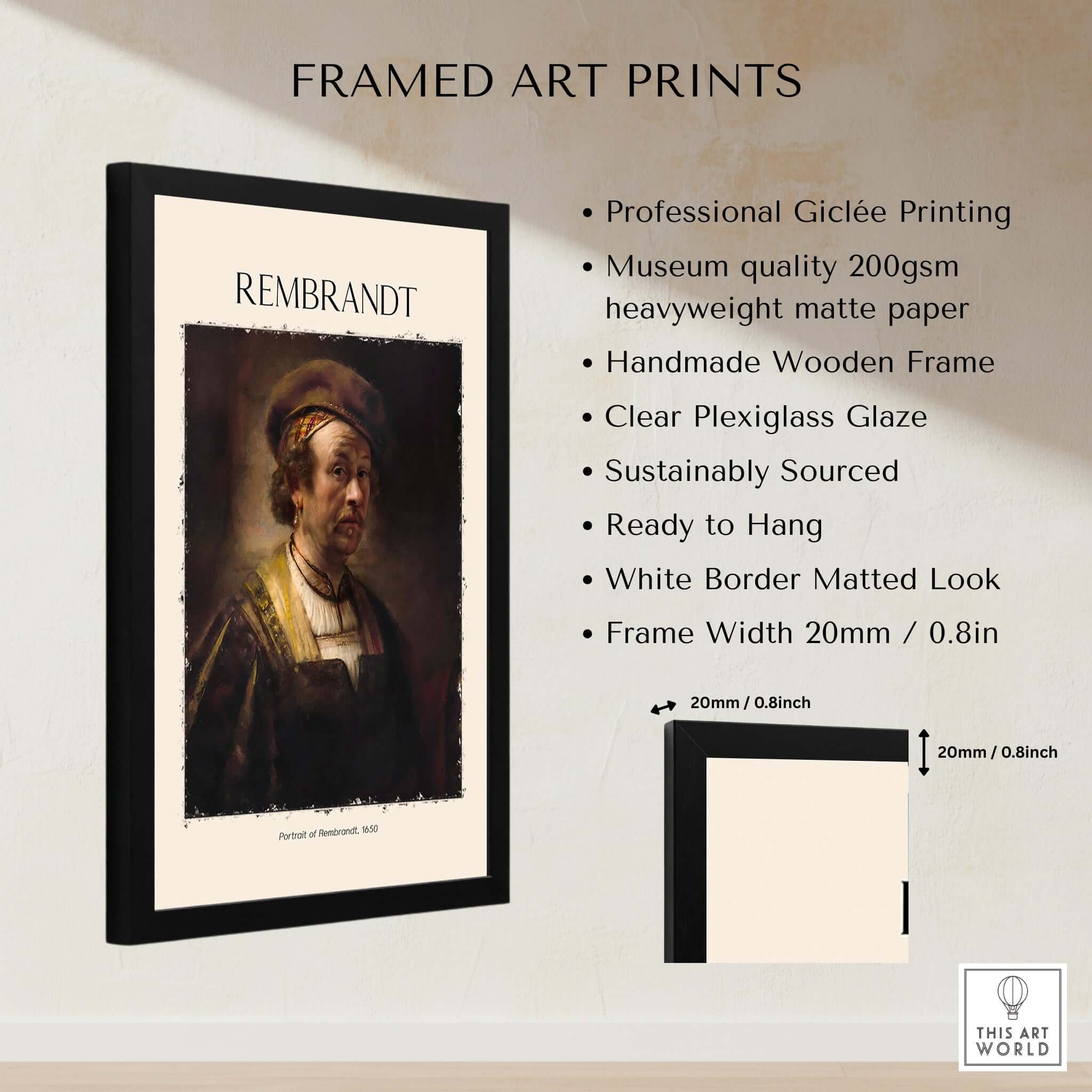 Rembrandt Self Portrait 1650 Dutch Master Painter Art Print Poster Wall Decor framed with professional giclée printing.