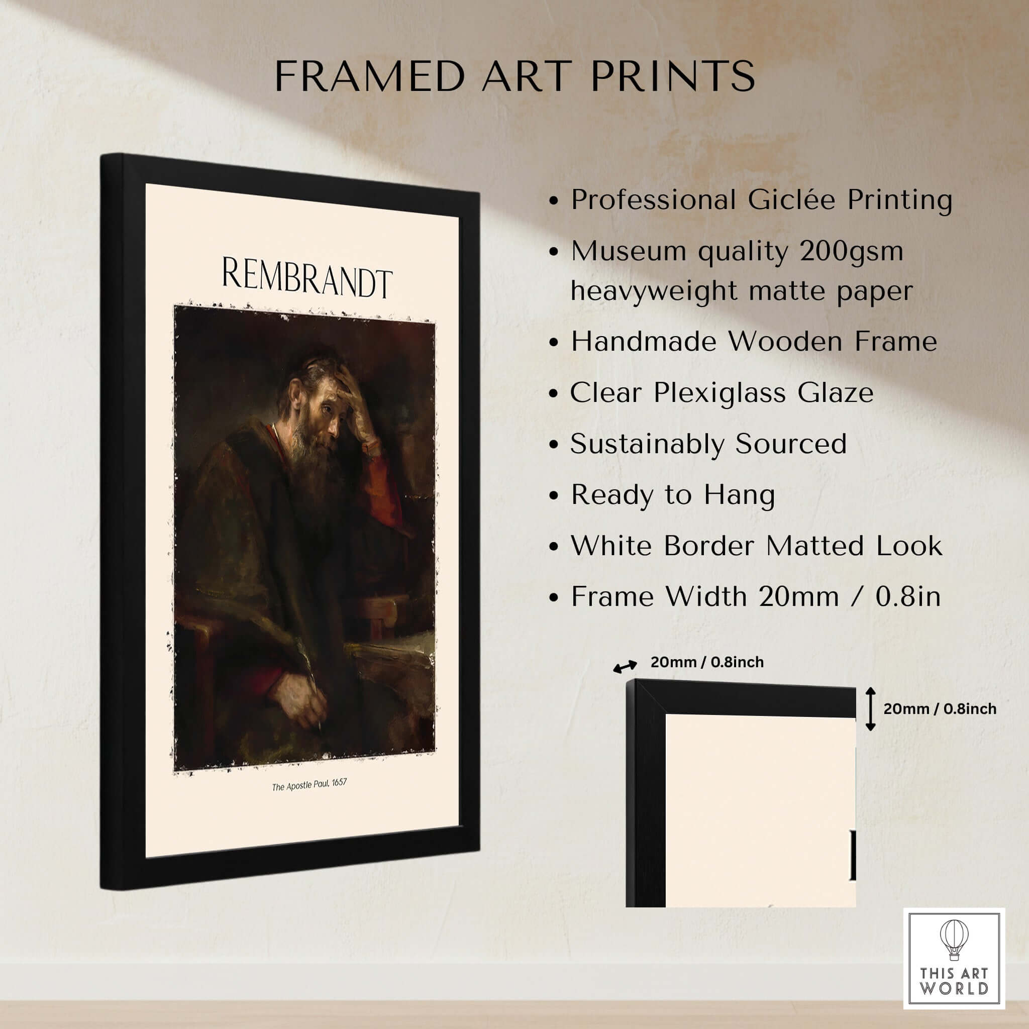 Rembrandt The Apostle Paul 1657 Religious Art Print Baroque Painting Poster framed with clear plexiglass and white border, ready to hang.