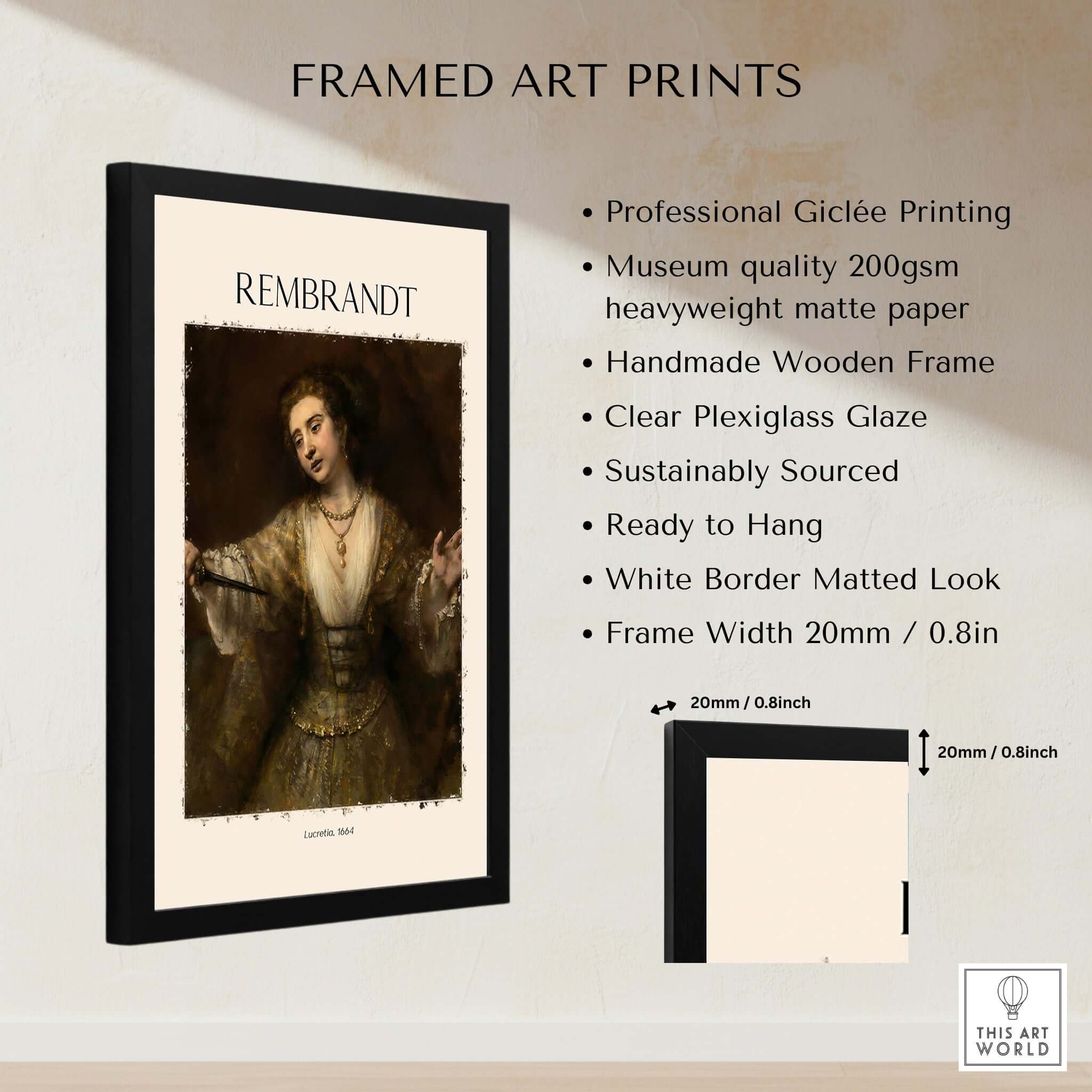 Rembrandt Lucretia 1664 Painting Art Print Baroque Historical Poster Wall Decor framed with professional giclée printing.