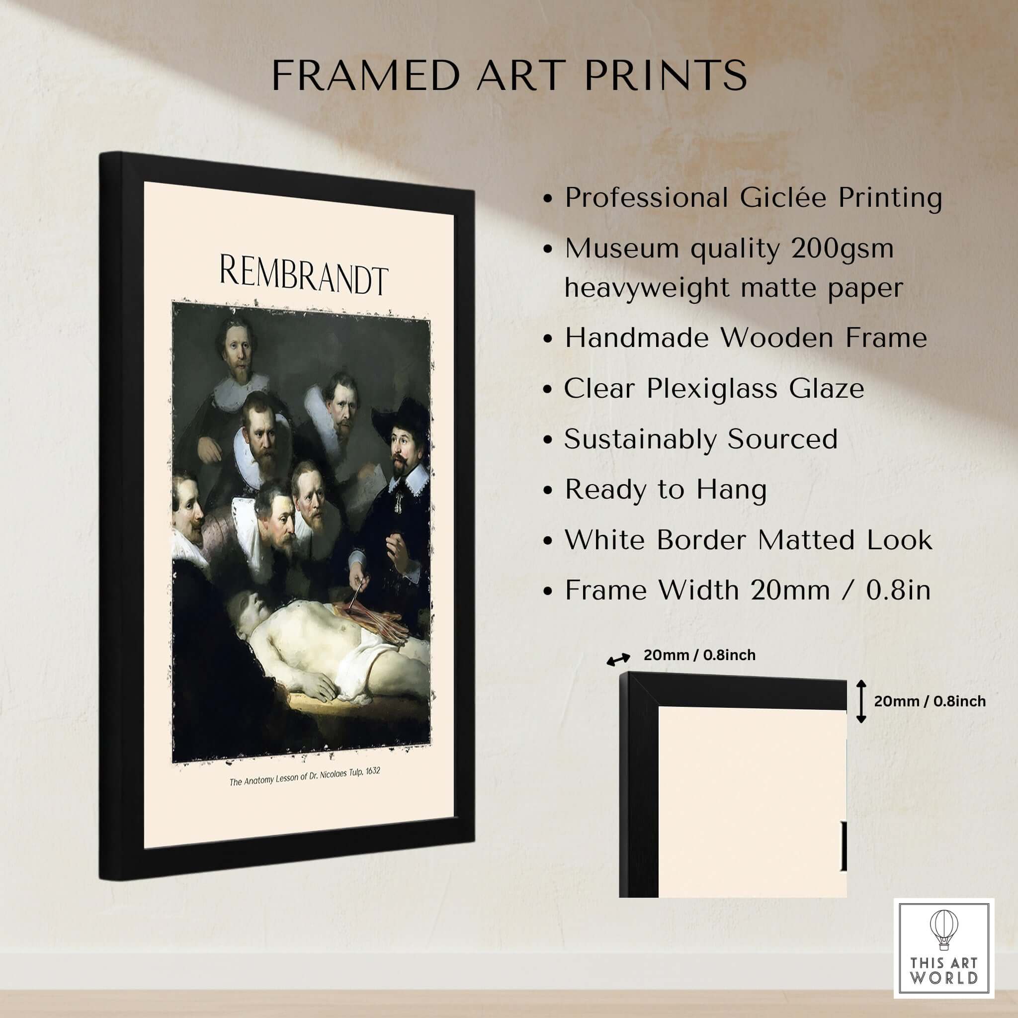 Framed art print of Rembrandt Anatomy Lesson Dr Tulp 1632 Group Portrait Art Print Dutch Master Poster with detailed specifications.