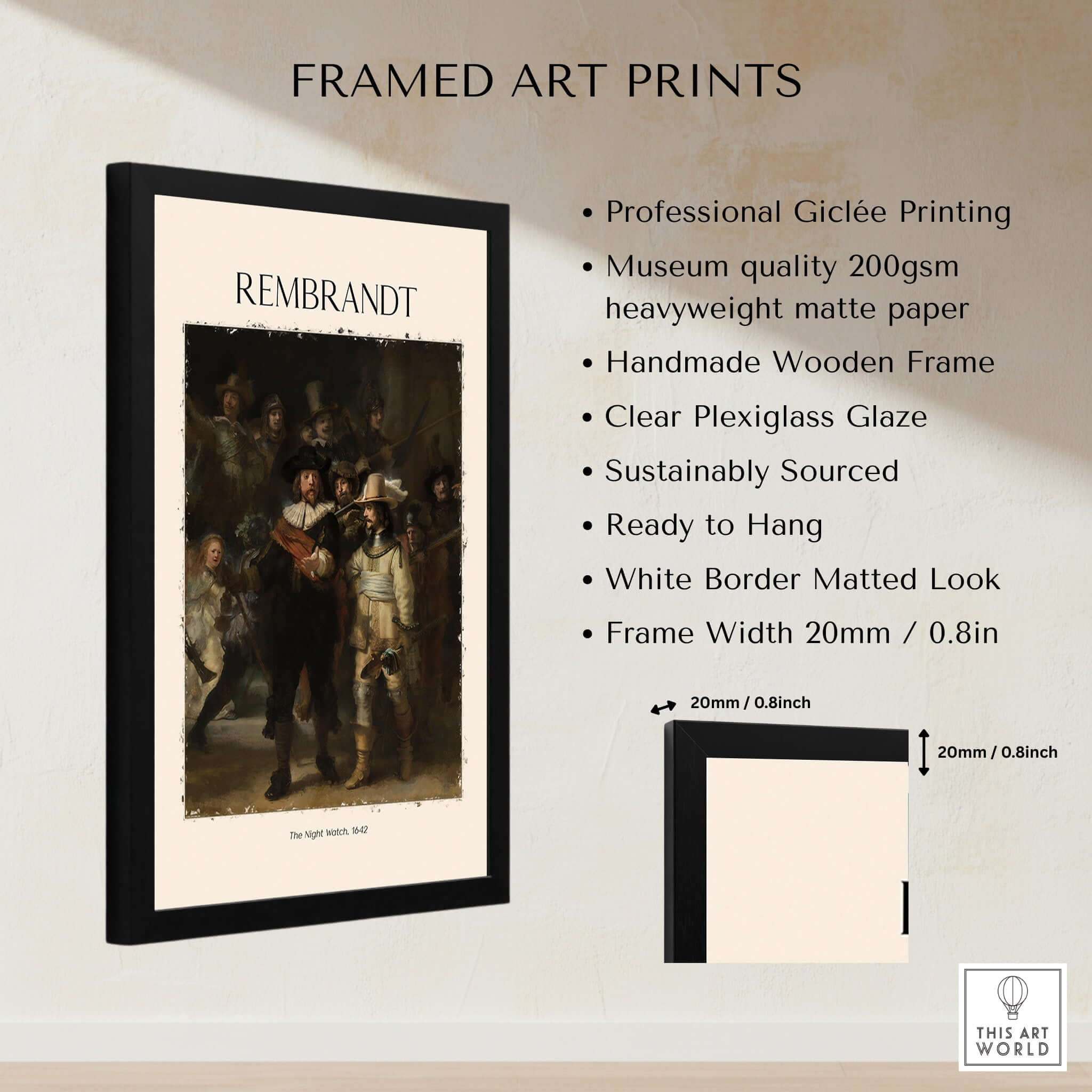 Rembrandt The Night Watch 1642 Famous Dutch Master Painting Art Print Poster in a framed display with professional giclée printing.