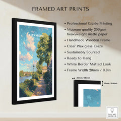 Framed Richmond London art print with black wooden frame, museum-quality matte paper, and measurement details.