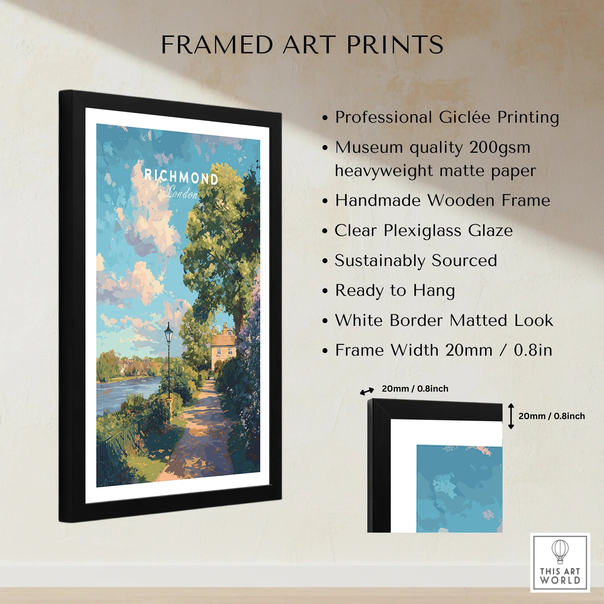 Framed Richmond London art print with black wooden frame, museum-quality matte paper, and measurement details.