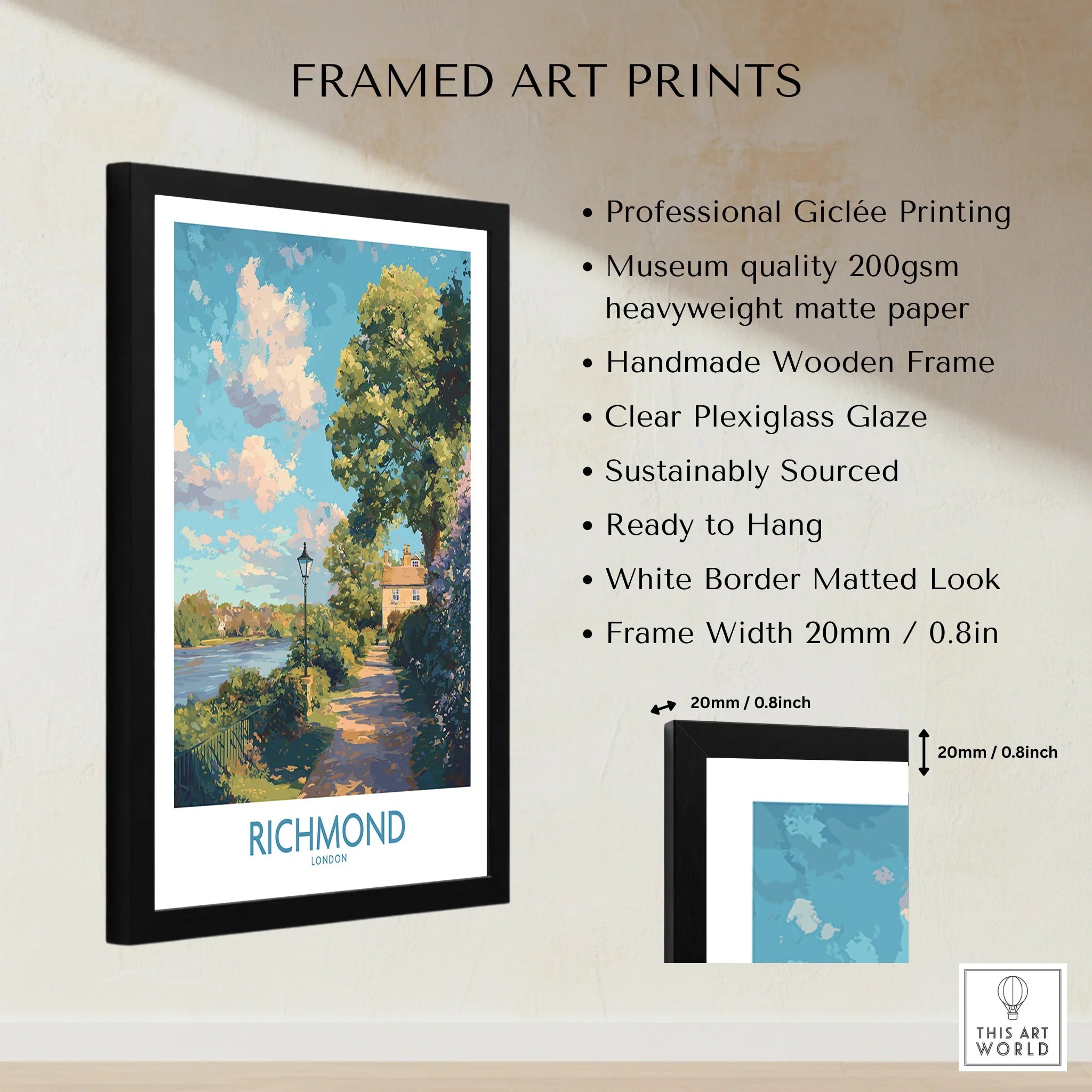 Richmond London framed art print with black wooden frame, giclée printing, and white border