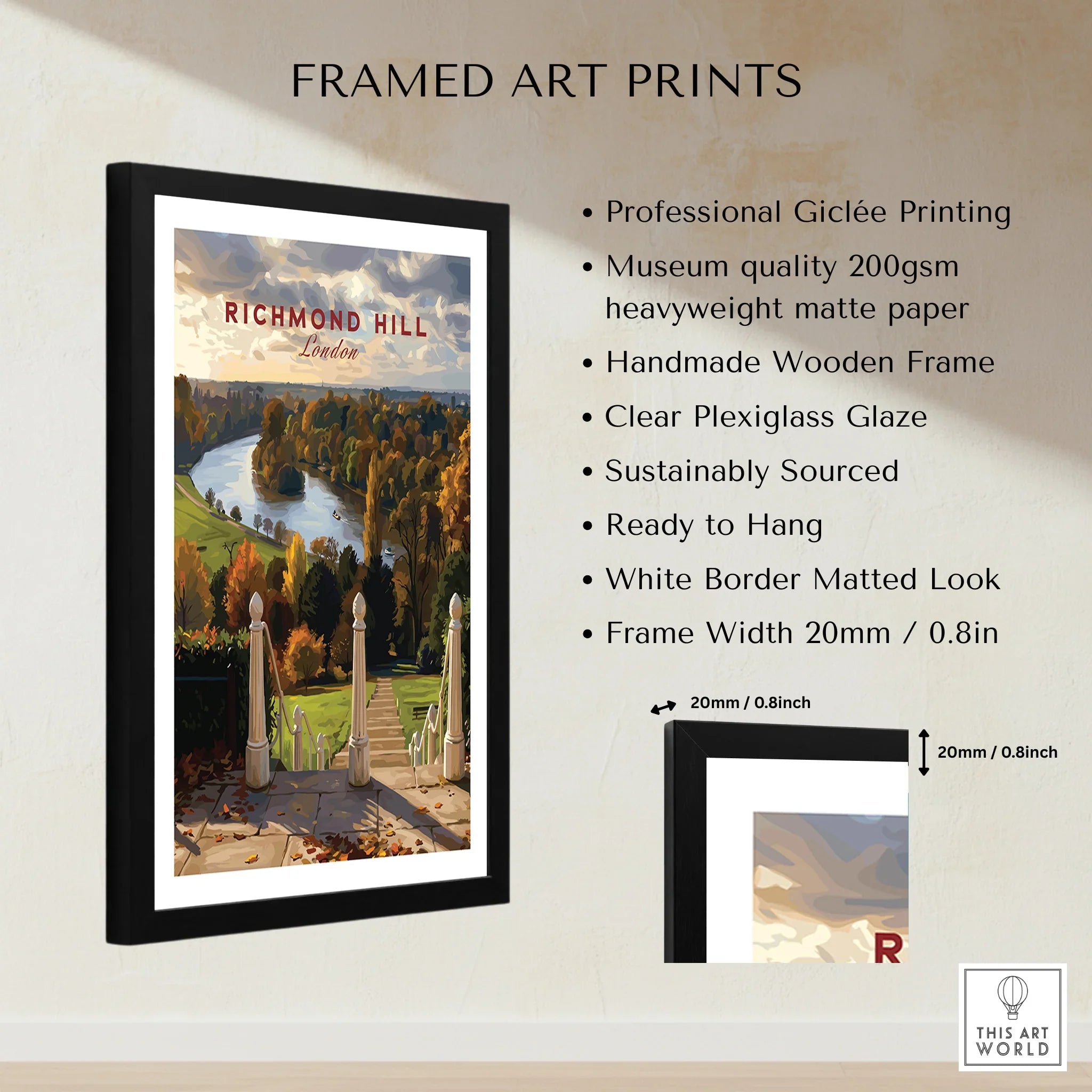 Framed Richmond Hill London art print with black wooden frame and detailed quality features.