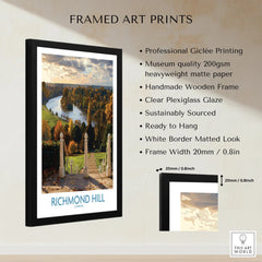 Framed Richmond Hill London art print with river landscape, black wooden frame, wall art details.
