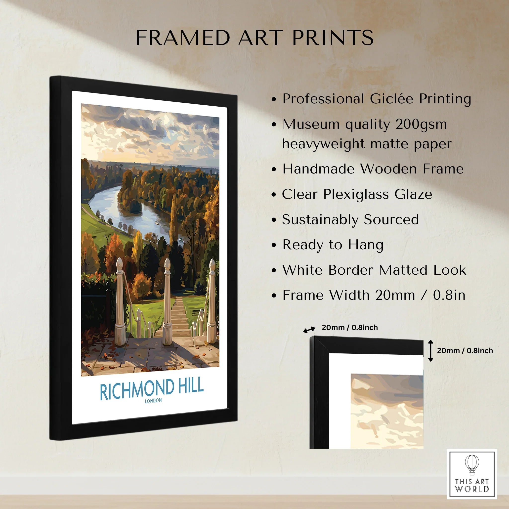 Framed Richmond Hill London art print with river landscape, black wooden frame, wall art details.