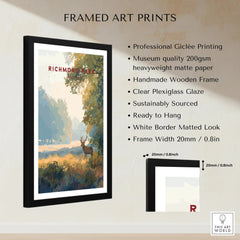Framed Richmond Park art print with deer, wooden frame, white mat border, wall decor details