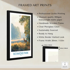 Framed Richmond Park giclée art print with deer in scenic landscape, wooden frame, size details.