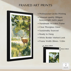 Framed Richmond Park art print with stag and trees, giclée print details, home decor