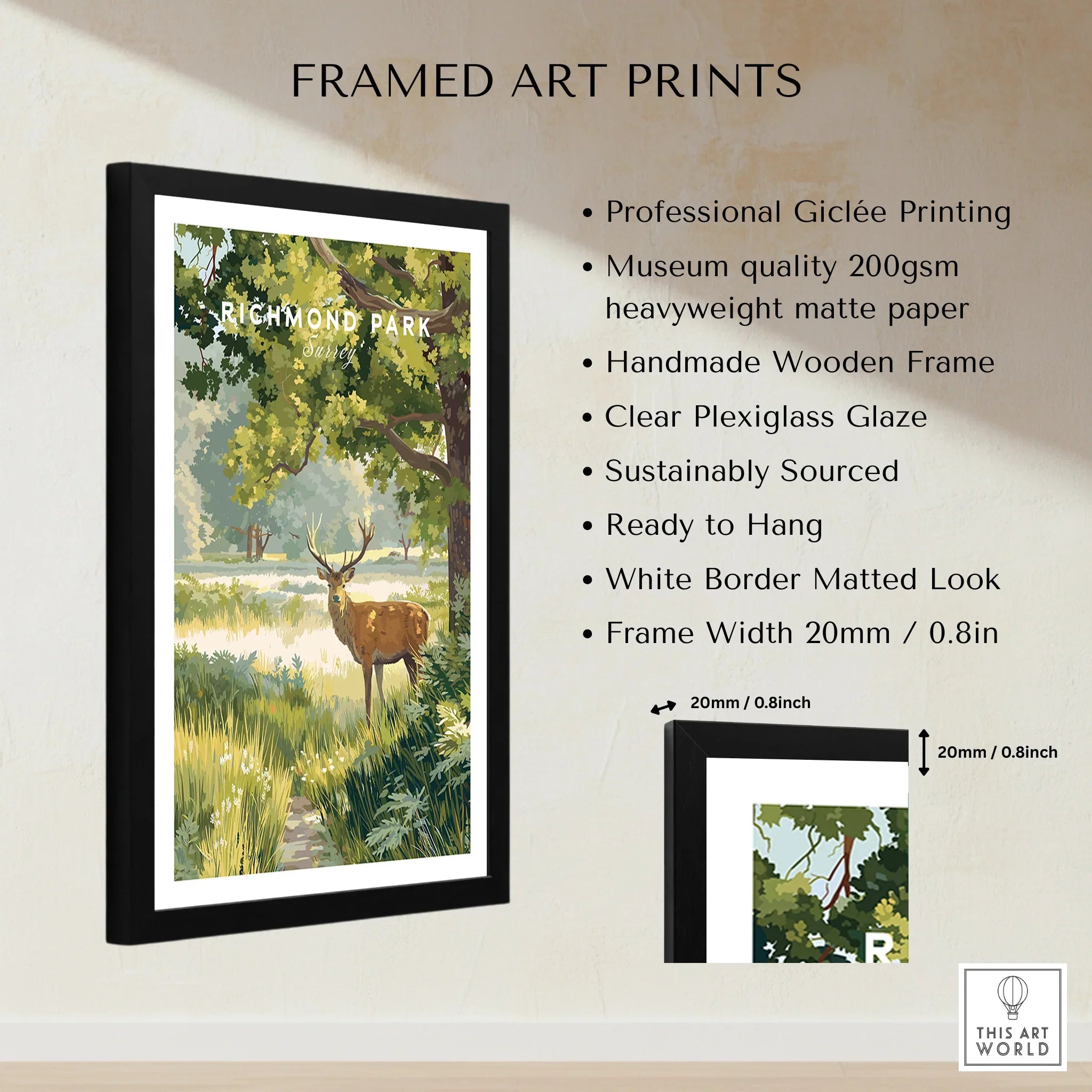 Framed Richmond Park art print with stag and trees, giclée print details, home decor