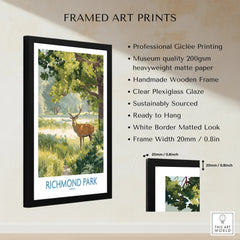 Framed Richmond Park travel poster print with deer illustration, wooden frame, and art print details.