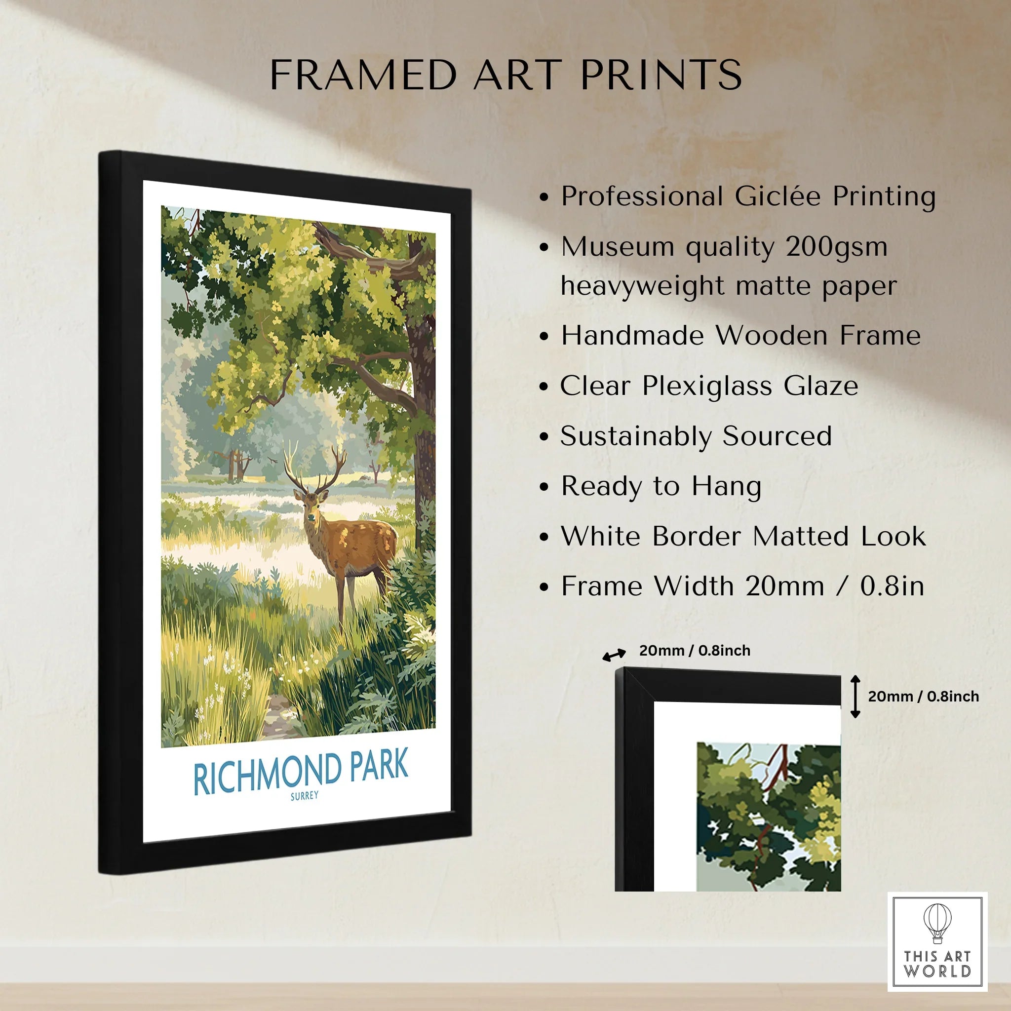 Framed Richmond Park travel poster print with deer illustration, wooden frame, and art print details.