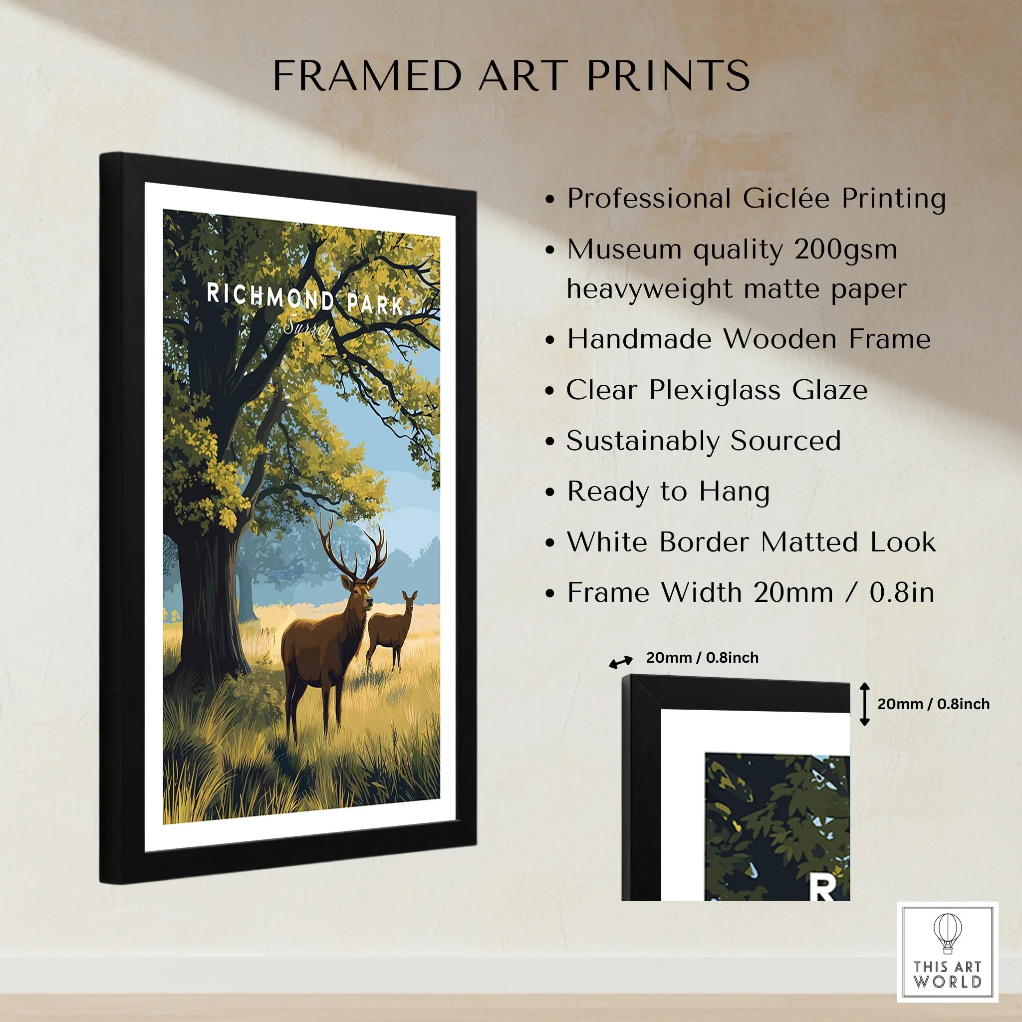 Framed Richmond Park art print featuring deer under a tree, with product details on the side.