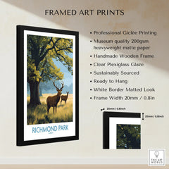 Framed Richmond Park art print with deer and tree, giclée printed, wooden frame, wall display