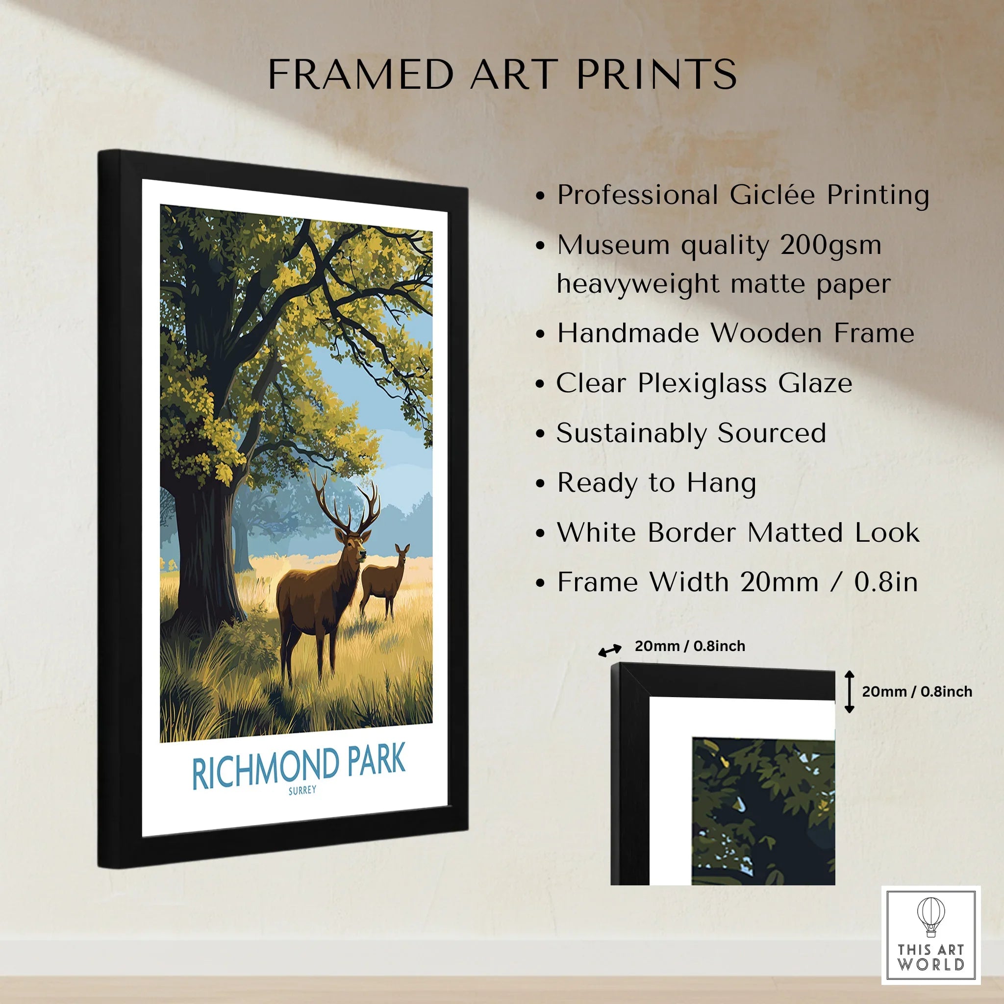 Framed Richmond Park art print with deer and tree, giclée printed, wooden frame, wall display
