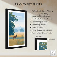 Framed Richmond Park wall art print with deer, matte paper, wooden frame, and measurement details