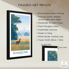 Framed Richmond Park art print with deer, wooden frame, and museum quality details