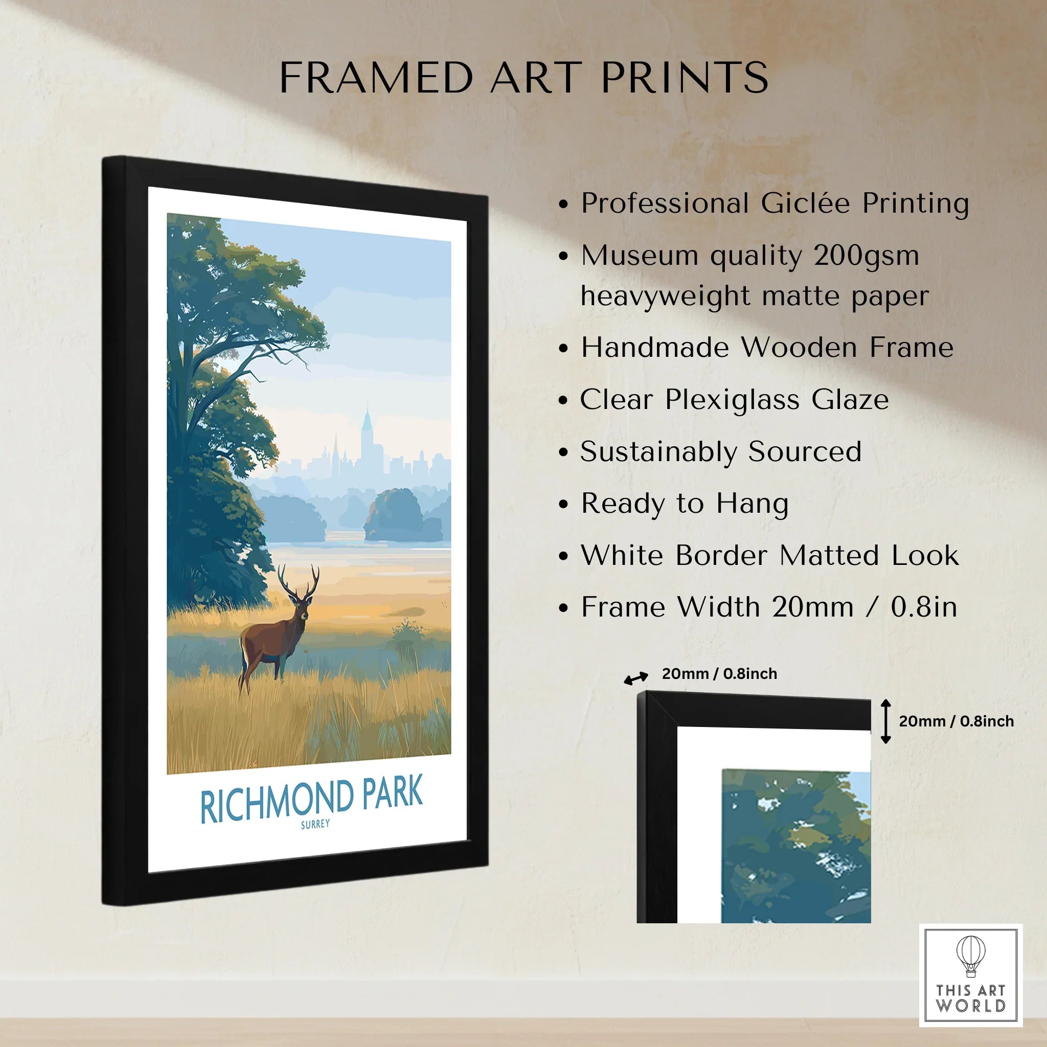 Framed Richmond Park art print with deer, wooden frame, and museum quality details