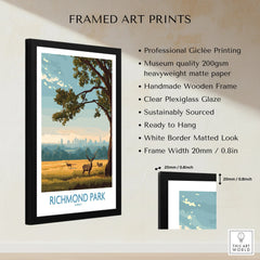 Framed Richmond Park art print with deer illustration, museum quality paper, and wooden frame.