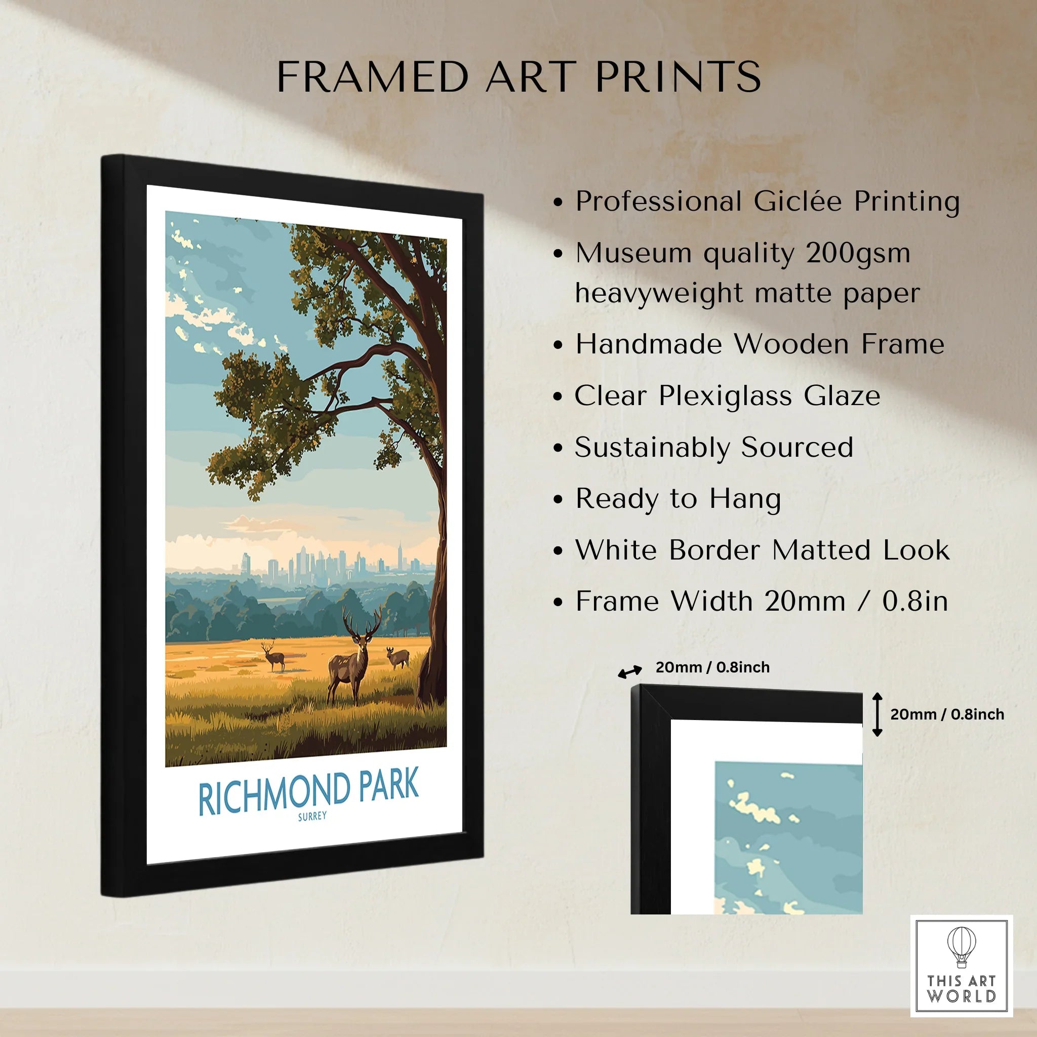 Framed Richmond Park art print with deer illustration, museum quality paper, and wooden frame.