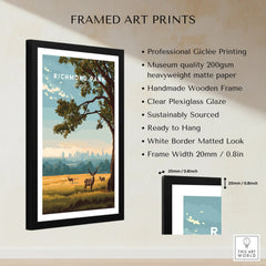 Framed Richmond Park art print with deer, wooden frame, and product details for wall decor
