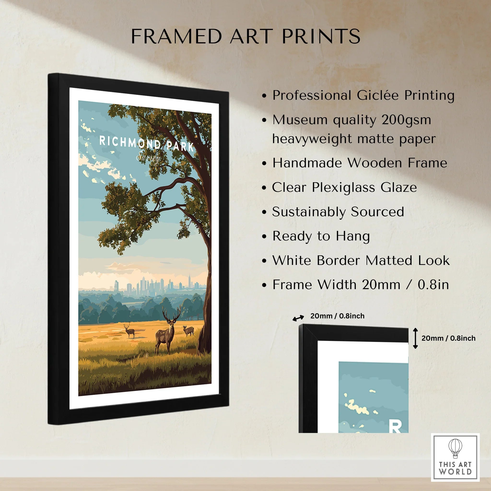 Framed Richmond Park art print with deer, wooden frame, and product details for wall decor