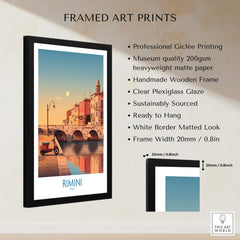 Rimini Italy Poster | Vintage Vespa & Historic Bridge Canvas Print framed art print showcasing vibrant coastal scenery.
