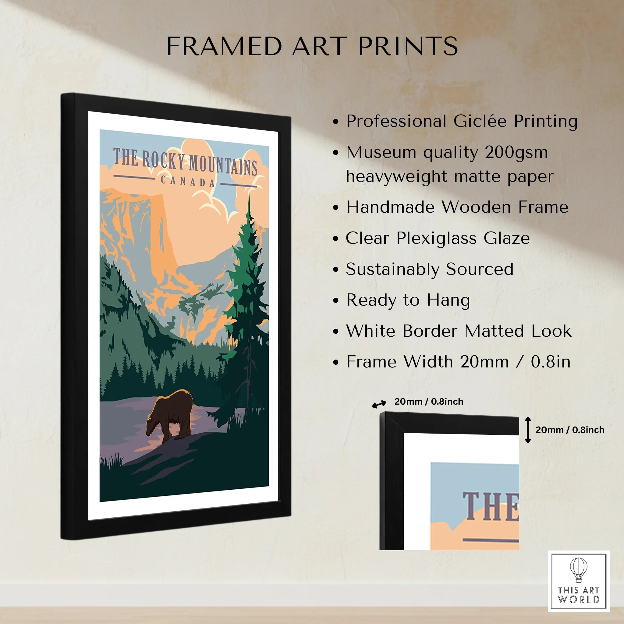 Framed Rocky Mountains Canada print with bear, wooden frame, art print features listed