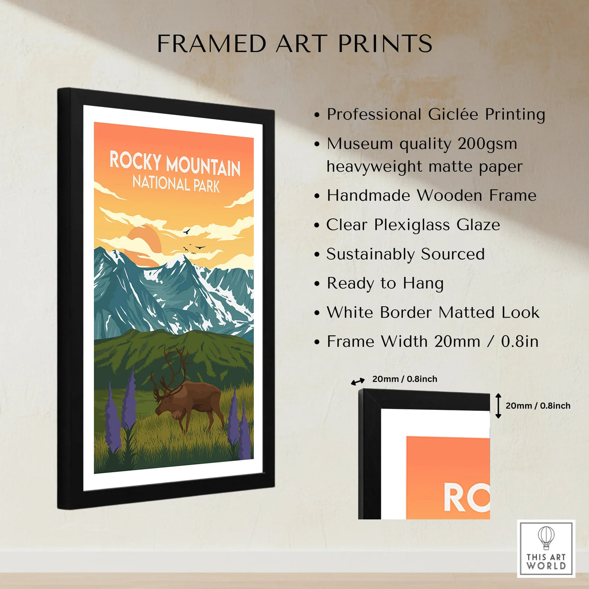 Framed Rocky Mountain National Park art print with elk, mountains, and detailed product features.