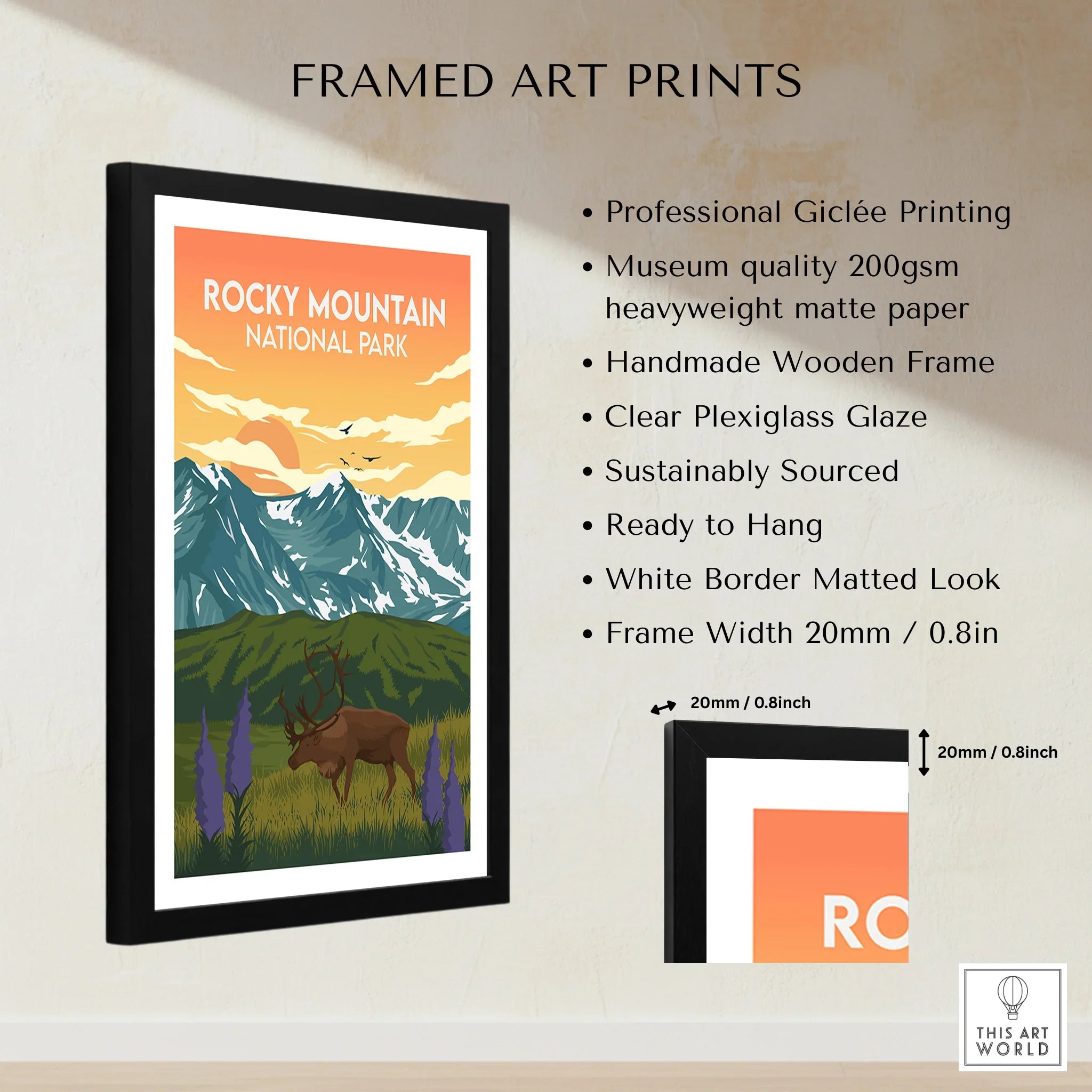 Framed Rocky Mountain National Park art print with elk, mountains, and detailed product features.